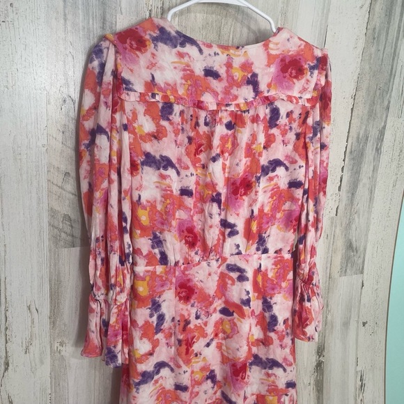 Betsey Johnson Sunset Floral Faux Wrap Dress Pink Yarrow Sz 2 Ruffle V-Neck NWOT - Picture 11 of 12